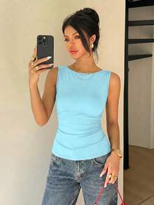 Siren Gaze Women's Solid Color Round Neck Backless Casual Tank Top Turquoise,Teal Blue,Light Blue - Cadet Blue - View 5