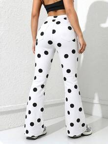 SHEIN Privé 女款時尚百搭圓點印花鈕扣喇叭牛仔長褲 - 白色 - 查看 2