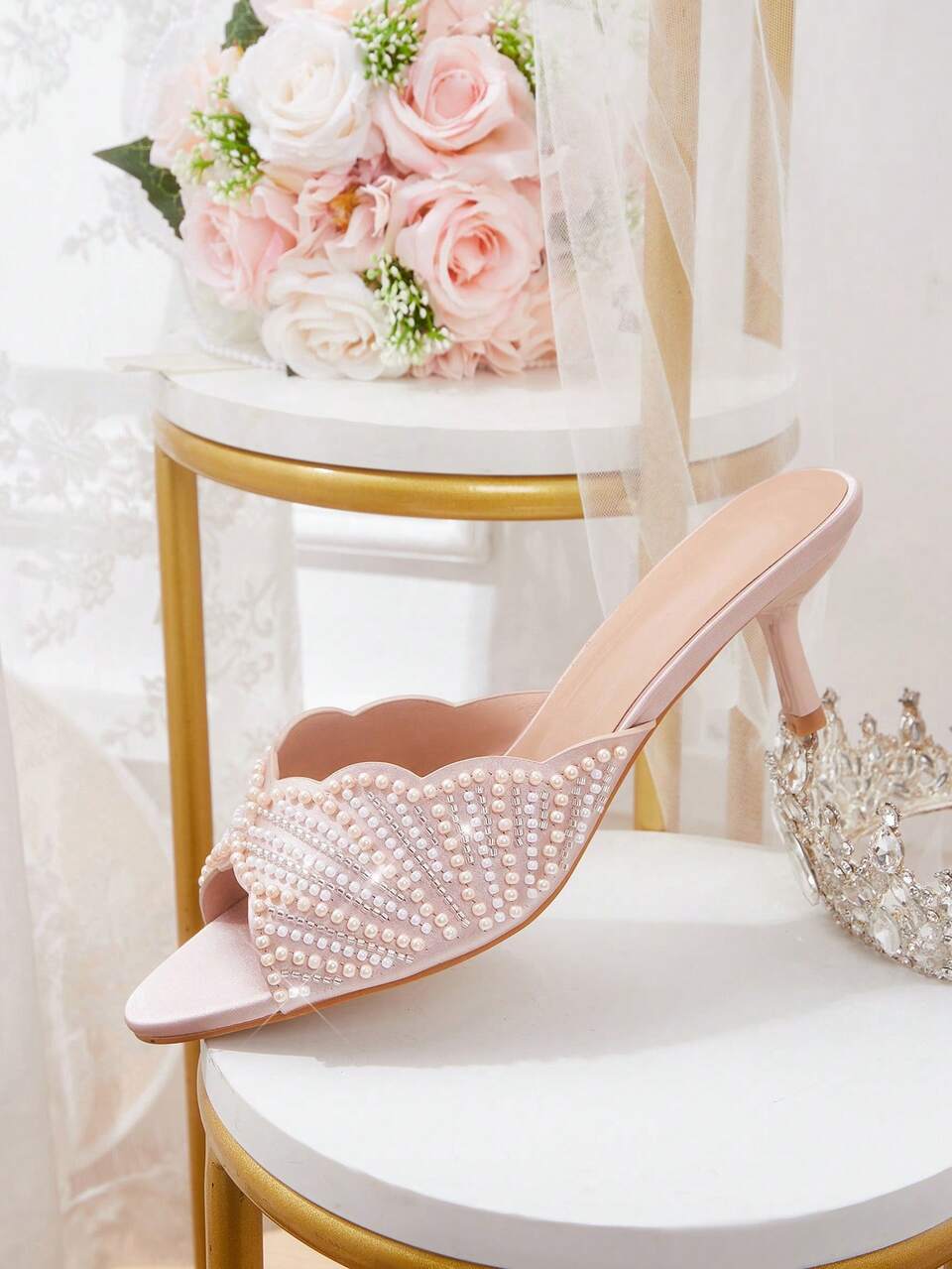 CUCCOO HITCHD Spring And Summer New Champagne Lace Beads Pearl Decoration Women's High-Heeled Sandals Slippers Fashionable And Sexy Personality Elegant Wedding Part