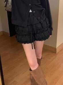 DAZY 女款素色荷葉邊蕾絲腰部綁帶蛋糕裙 - 黑色 - 查看 4