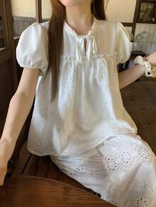 DAZY 女款純色蕾絲清新韓風上衣與休閒長褲兩件套 夏季 - 白色 - 查看 3