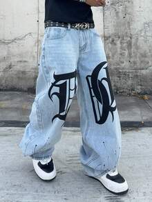 Manfinity EMRG Plus Size Men's Letter Print Button Half-Placket Pocket Casual Loose Wide Leg Jeans - Light Wash - View 4