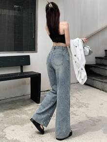 DAZY Women's Loose Casual Denim Jeans With Pocket And Rhinestone Decoration Cute Tops - Dusty Blue - View 6