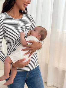 SHEIN Maternity Striped Print Nursing Detail Tee With Long Sleeve World Cup - White - View 2