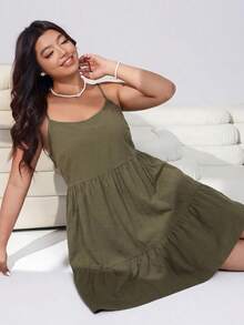 Solflare Army Green Plus Size Women's Spring/Summer Ruffle Hem Camisole Dress - Army Green - View 6