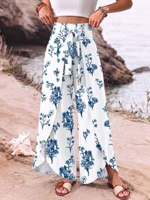 Breezaya 女款優雅休閒純色夏季度假居家日常穿著海灘出遊時尚設計抽繩開衩寬腿長褲 - 藍白色 - 查看 5