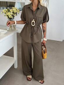 DAZY Summer Women's European And American Style Light Luxury Drawstring Waist Short Sleeve Shirt And Long Pants Two Pieces Set Vacation Travel Olive Green - Coffee Brown - View 7