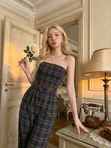 SHEIN MOD Women's Plaid Print Belted Elegant Jumpsuit - Multicolor - View 1