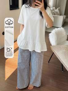 DAZY 2件組女款居家服套裝，純色荷葉邊飾T恤上衣與格紋睡褲，夏季款 - 白色 - 查看 4