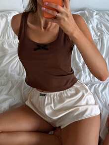 Livesso Women's Bow Decor Tank Top And Shorts Loungewear Set Summer Pajamas - Mocha Brown - View 5