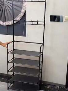 1pc Multi-Functional Iron Shoe Rack, 4/5 Tiers With 8 Hooks - Easy Assembly, Black Shoe Organizer Shelf - Multicolor - View 10