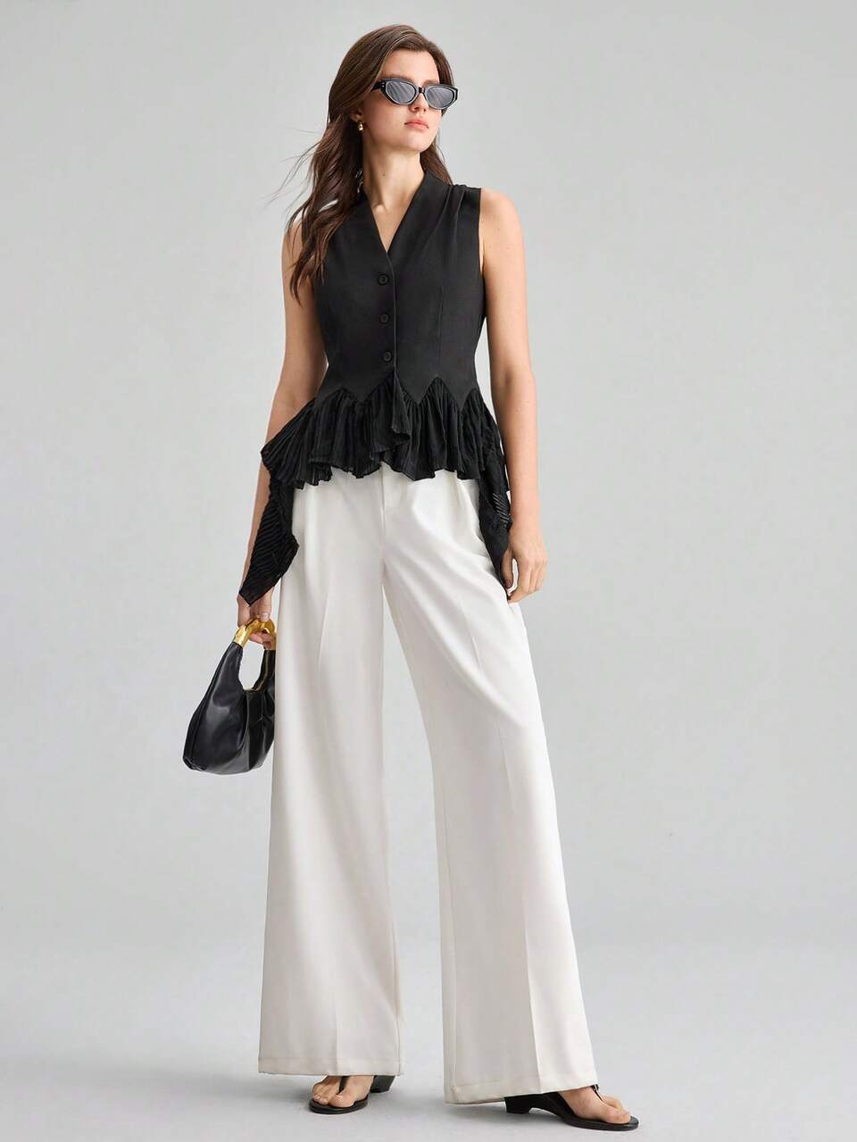 2026 New Summer Women's Fitted Waist Waistcoat, Black Sleeveless Woven Fabric V-Neck Button Front With Ruffle Trim And Sun Pleat Design, Casual Commuter Urban Modern Minimalist Elegant Tea Party Independence Day Old Money Style Teacher Office Wear Holiday Vacation Date Outwear Fashion Versatile Women's Waistcoat