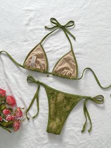 Elavelle 2pcs Set Bikini Seksi Wanita Motif Leopard Musim Panas dengan Tali Bahu Tipis dan Tali Samping - MultiWarna - View 3