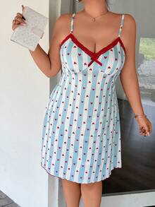 Napfluff CURVE Napfluff CURVE Women's Plus Size V-Neck Lace Trim Striped Heart Print Camisole Nightgown - Blue - View 5