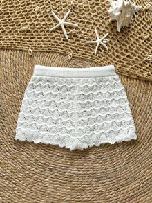 Soleia Knitted Crochet Drawstring Hollow Out Slim Fit Bow Shorts - White - View 2