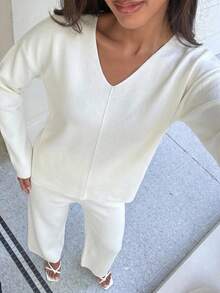 Tall Women V-Neck Oversize Sweater And Knit Pant Set - White - View 4