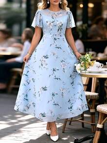 EMERY ROSE Women's Plus Size Spring/Summer Chiffon Floral Print Dress, Suitable For Elegant Dates Evening Formal, Fresh Style Wedding Guest Light Blue Wedding - Blue - View 1