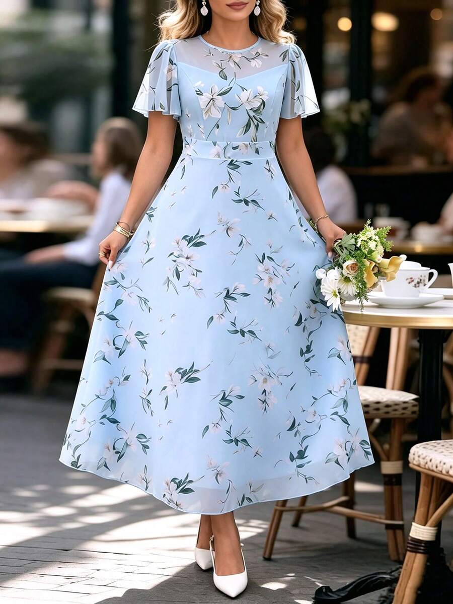 EMERY ROSE Women's Plus Size Spring/Summer Chiffon Floral Print Dress, Suitable For Elegant Dates Evening Formal, Fresh Style Wedding Guest Light Blue Wedding - Blue - View 1