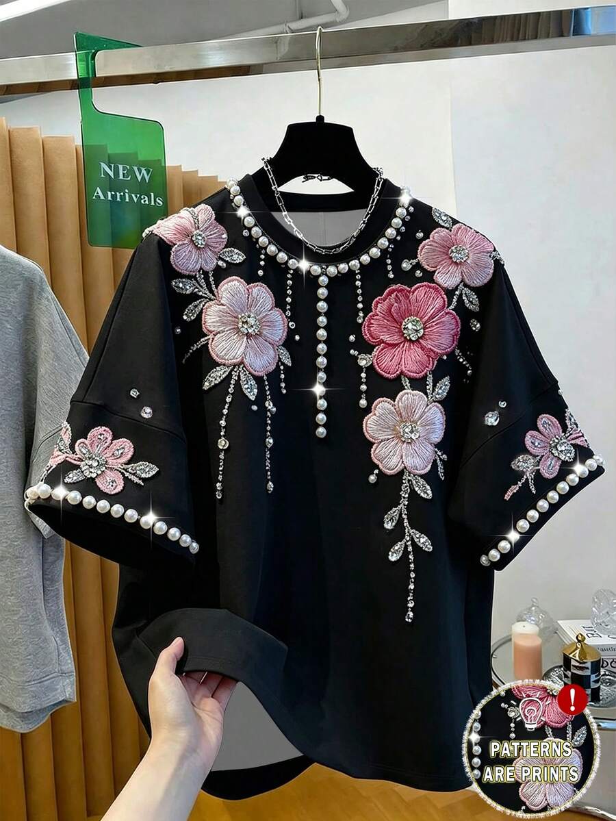 GlowEve 女士圆领短袖优雅印花休闲T恤,夏季 - 黑色 - 查看 1