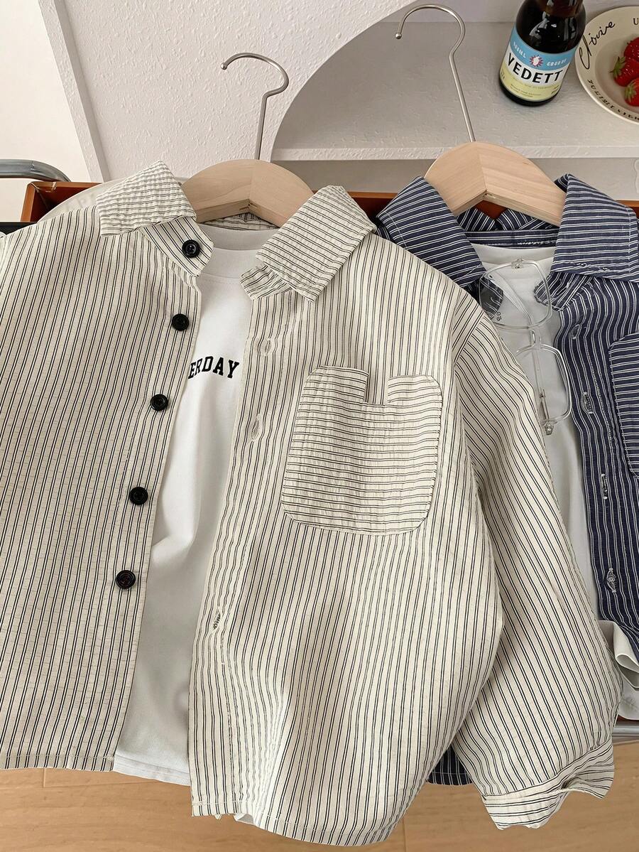 SHEIN 1件兒童青少年男孩休閒條紋領長袖襯衫，適合兒童、畢業季、生日派對
