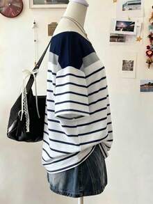 Lalippa Women's Asymmetric Neck Striped Color Block T-Shirt - Black - View 3