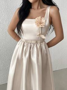 Modelyn Women's Romantic Elegant Shiny 3D Floral Camisole Waist Midi Dress, Luxurious Draping Effect For Party Beige Summer - Apricot - View 6