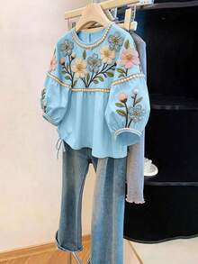SHEIN Clasi 女款夏季印花多色花卉刺繡珍珠圖案圓領寬鬆休閒浪漫優雅風花園度假藍色花卉 - 藍色 - 查看 4