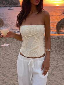 Opulessa Spring/Summer Vacation Solid Color Woven Bandeau Top For Women - Apricot - View 11