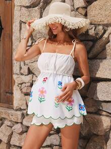 SHEIN Maternity Camisole Tie-Up Ruched Floral Print Top And Shorts 2 Pieces Set Summer Outfit Vacation Outfits Country Clothing White Photoshoot - Multicolor - View 4