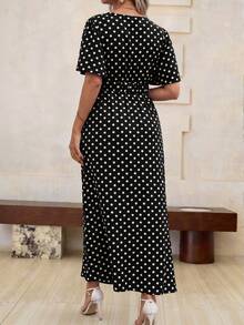 Vionelle Plus Size Women's Fashionable Long Allover Print Dress With Ruffled Short Sleeves, Side Slit And - Black - View 2