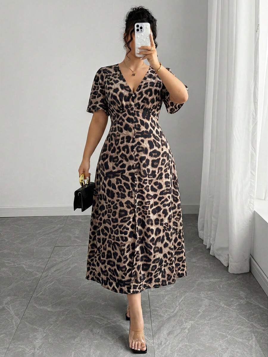 Elenzga 女款春夏法式優雅知性通勤商務休閒度假下午茶音樂節鄉村波希米亞風V領收腰A字版型鈕扣裝飾開衩燈籠短袖中長洋裝 - 彩色 - 查看 1