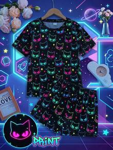 SHEIN 少女卡通貓咪印花短袖上衣與短褲家居服套裝，黑色夏季可愛款 - 黑色 - 查看 10