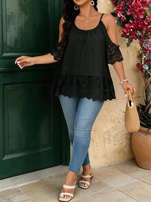 Breezaya Plus Size Faux Linen Textured Fabric Scoop Neck Off-Shoulder Strap Short Sleeve Lace Decor Chest Loose A-Line Hem Shirt Casual Elegant Formal Vacation - Black - View 5