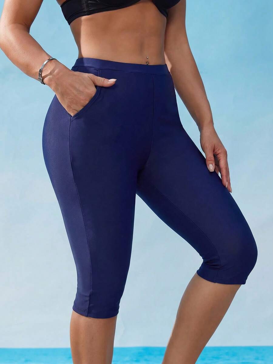 SHEIN Swim 女款夏季海灘純色口袋泳裝七分褲 - 藏蓝色 - 查看 1