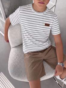 SHEIN Tween Boy Striped Patchwork Color Block Short Sleeve T-Shirt And Shorts Casual Daily Set - White - View 6