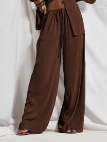 MUSERA Tie Waist Flowy Wide Leg Satin Trouser Coord Trouser Only Cute Holiday Sexy Night Out Vacation Spring Summer Elegant Soleil Drape - Chocolate Brown - View 2
