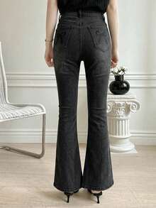 DAZY Jeans acampanados de uso diario casual lavados con bolsillos para mujer - Negro - Ver 4