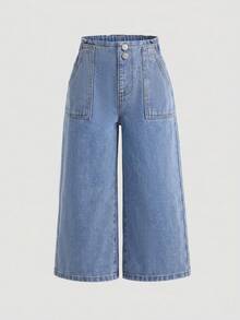 SHEIN 3pcs Dark Blue, Medium Blue, Light Blue Loose Denim Long Pants For Girls - Multicolor - View 9