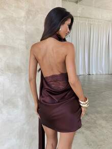 Aloruh Women's Elegant Summer Party Mini Dress,Dark Purple Lace Patchwork Halter Backless Evening Formal Wedding Guest Dresses For Women - Brown - View 9