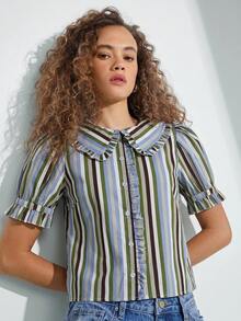 WESTFADE 100% Cotton Ruffle Collar Short Puff Sleeve Button Up Striped Shirt, Country Style For Women, 4th Of July, Summer Outfit - Multicolor - View 3