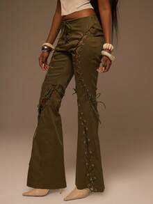 MUSERA Green Denim Lace Up Front Flare Trousers - Dark Green - View 3