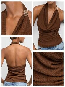 Maija Women's Summer Sexy Elegant Solid Color Cowl Neck Backless Halter Top, Off The Shoulder Top, Going Out Date Night Night Out Outfits Coffee Brown - Brown - View 4