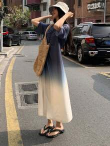 DAZY 女士渐变圆领短袖休闲长裙，青春韩风夏季连衣裙 - 藍色 - 查看 6