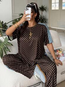 SHEIN EZwear 大尺碼女款波點印花短袖T恤與長褲休閒兩件套 - 棕色 - 查看 5