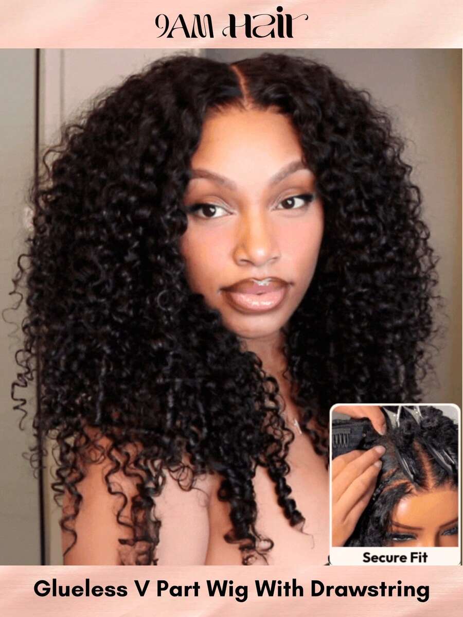 Curly V Part Glueless Wear Go Wig With Finger Coil Ends Invisi With Drawstring Clip-In 100% Human Hair Wigs Fit For All Sizes Beginner Friendly InvisiBlend™ - SNatural - View 1