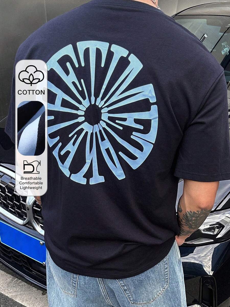 DAZY 男士圓領幾何印花休閒百搭日常旅行短袖T恤圖案上衣夏季 - 藏蓝色 - 查看 1