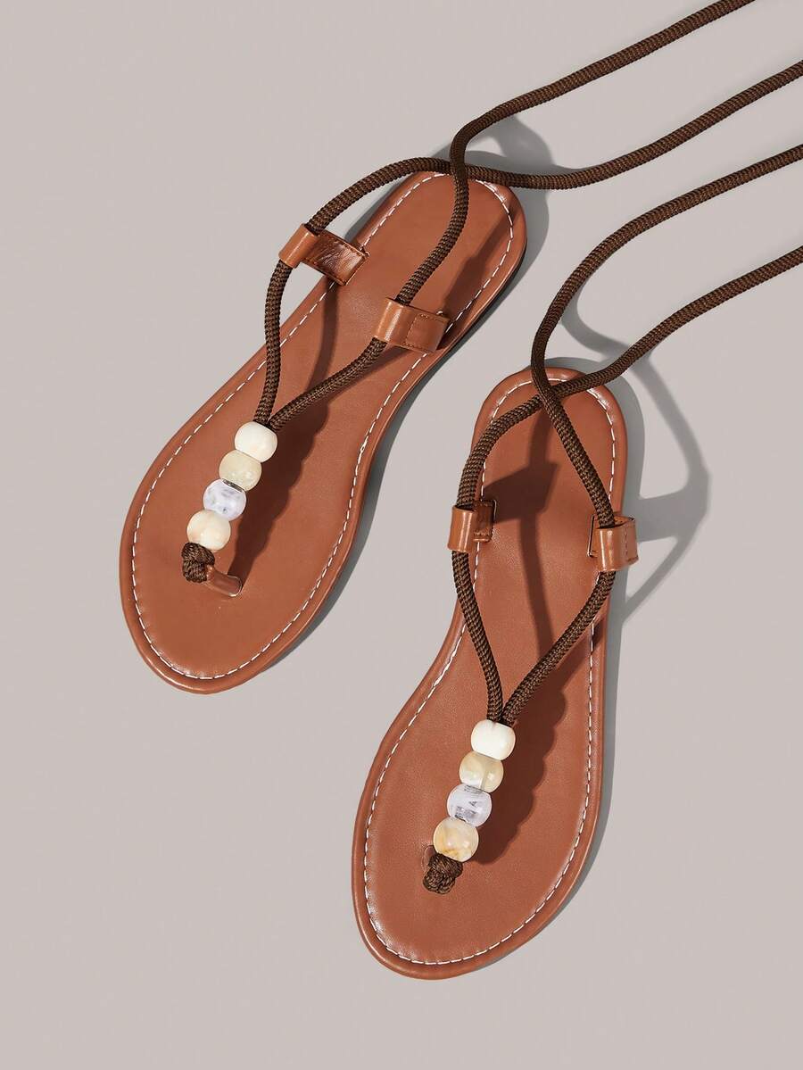 Styleloop Sandal Datar Wanita, Gaya Bohemian, Liburan Pantai, Gaya Barat, Pakaian Musim Panas, Perlengkapan Perjalanan - Coklat + manik-manik - View 1