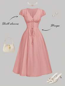 Skyraze Vestido midi elegante y dulce para mujer con mangas abullonadas y cintura anudada - Rosa - Ver 4