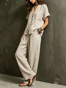 SHEIN Holidaya Summer Women's Vacation Casual Commute Daily Work Gathering Comfortable Minimalist Style Linen Short Sleeve Cardigan Jacket Long Pants 2 Pieces Set - Khaki - View 6