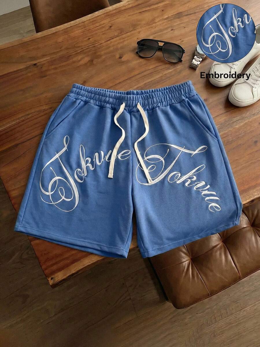 TOKVUE 男士字母刺繡抽繩腰休閒短褲 - 藍色 - 查看 1